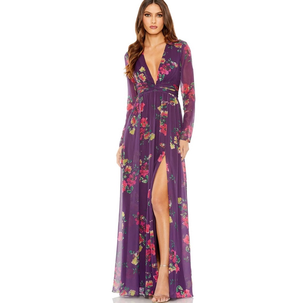 Mac Duggar LONG SLEEVE RUCHED TOP DEEP V-NECKLINE GOWN DRESS size 14 C6